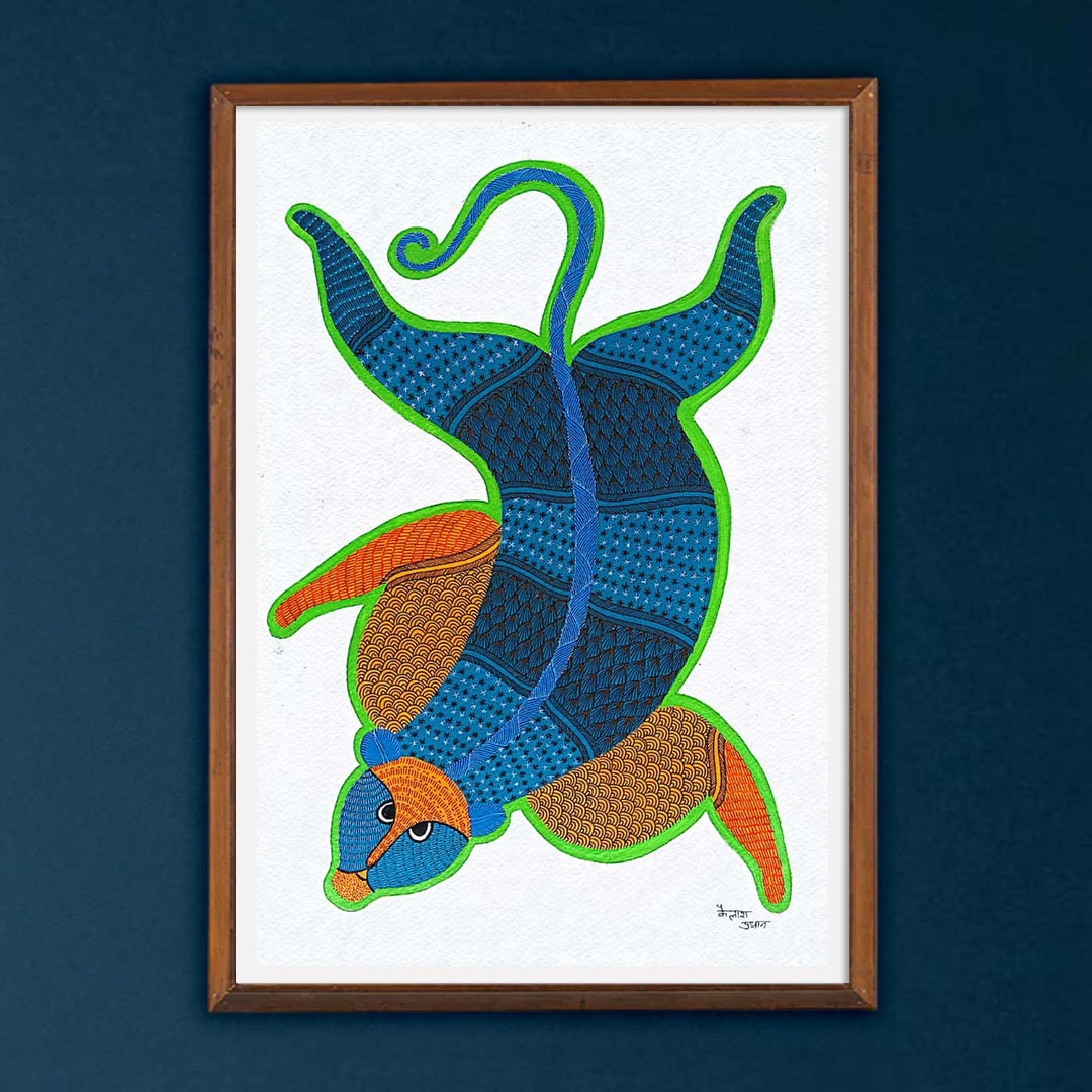 11 x 15 Inch | Playful Wild Cat | Original Hand painted Tribal Gond Art Painting | Acrylic Paints On Paper