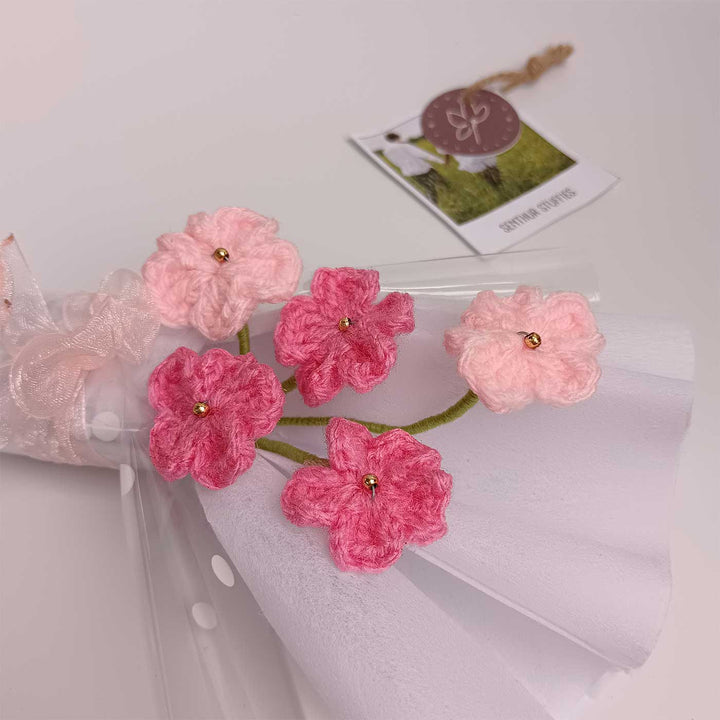 Handmade Crochet Pink Blossom Mini Flower Bouquet | Includes Photo & Greeting Card