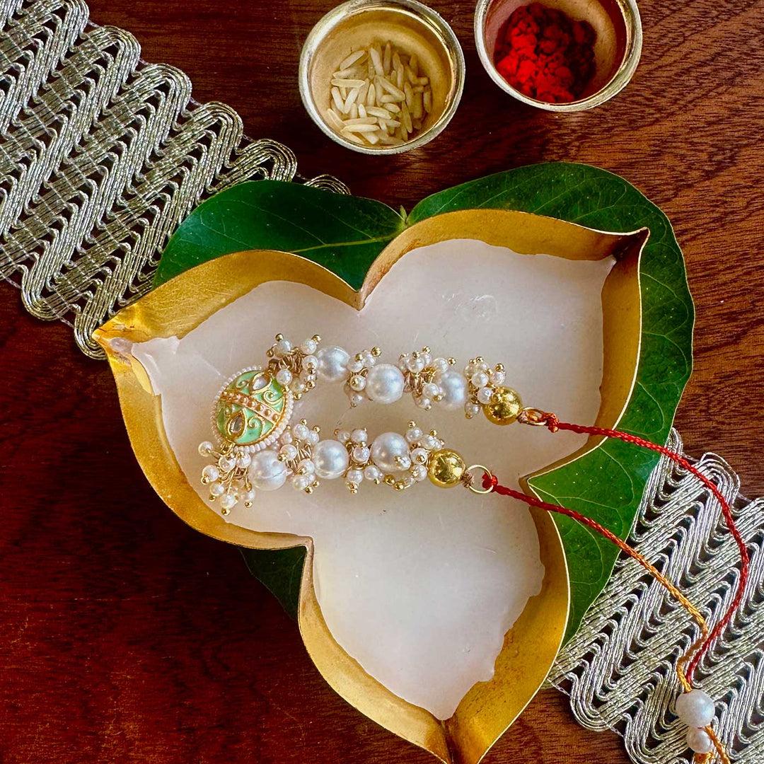 Handmade Green Oval Design Pearl And Stone Bhaiya Bhabhi Rakhi - Top View with Accessories Removed