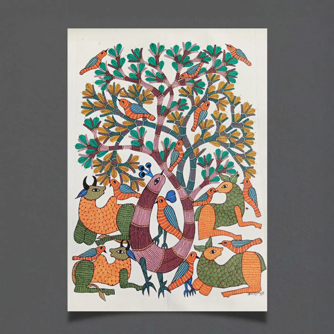 24 x 36 Inch | Tree of Coexistence | Original Hand Painted Tribal Gond Art Painting | Acrylic Paint On Canvas