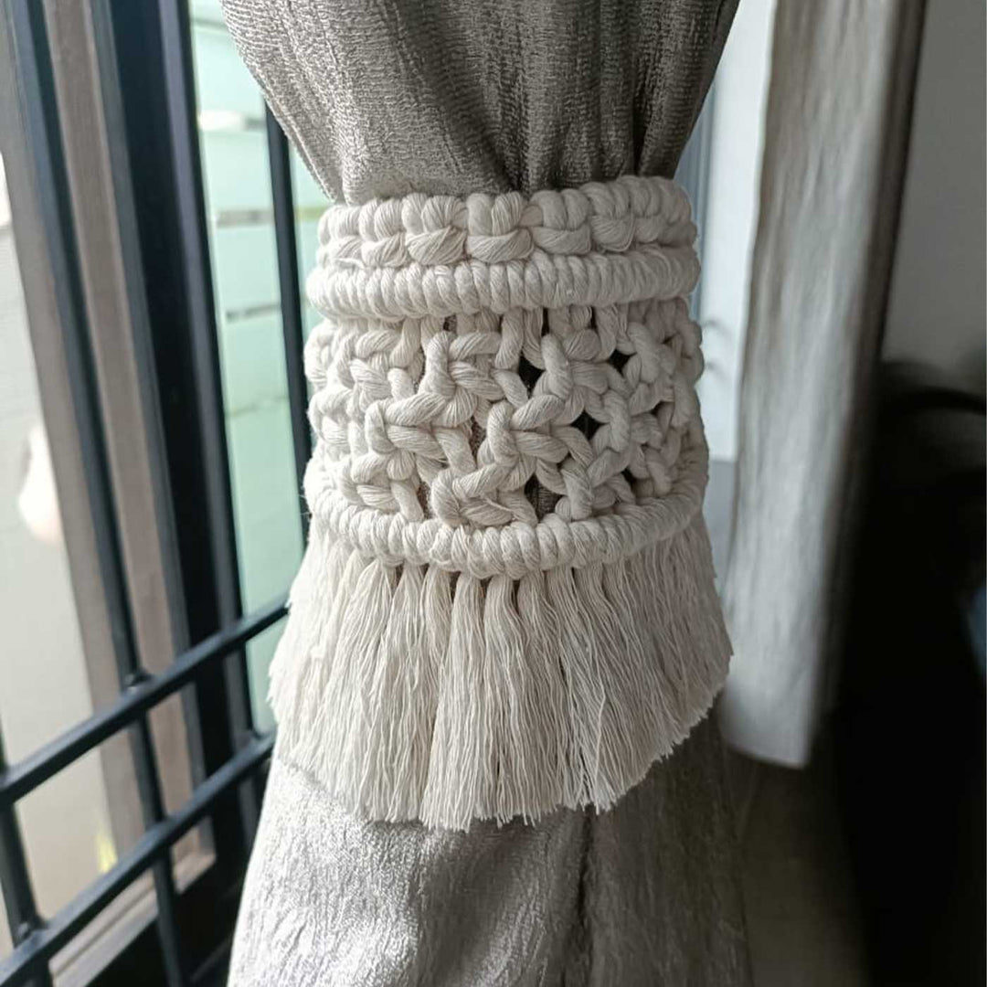 Set Of 2 | Handmade Macrame Knots And Fringes Design Cotton Curtain Tie-Back