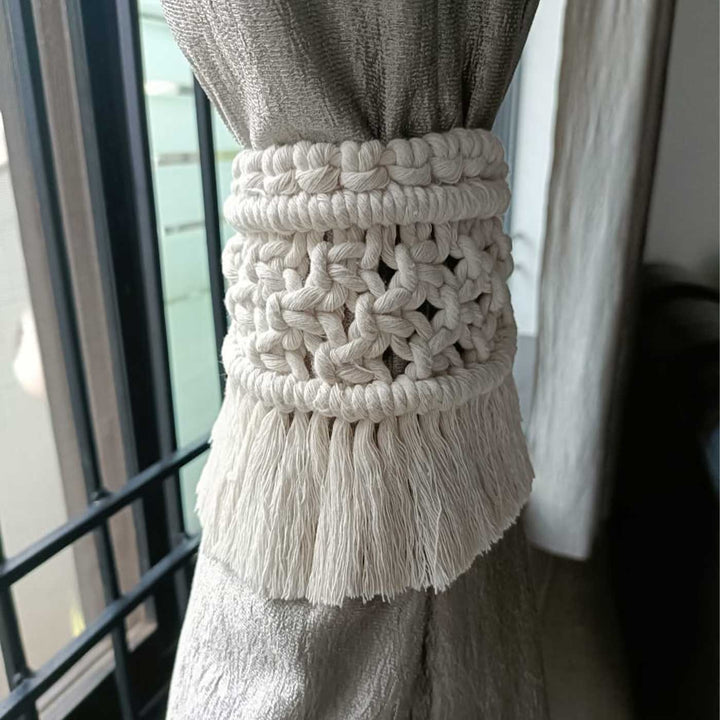 Set Of 2 | Handmade Macrame Knots And Fringes Design Cotton Curtain Tie-Back