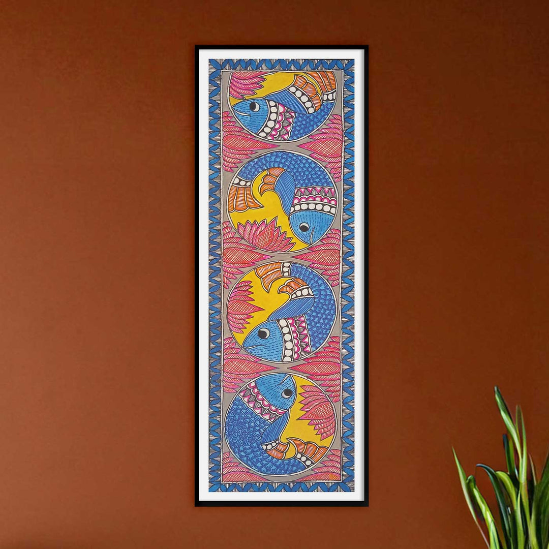 16 x 6 Inch | Fishes & Lotus | Original Hand Painted Madhubani Painting | Acrylic Paints On Paper