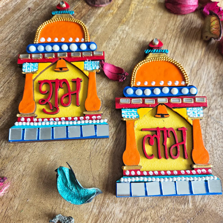 Hand-Painted Beaded Temple Theme MDF Wood Shubh Labh Hangings | Set Of 2