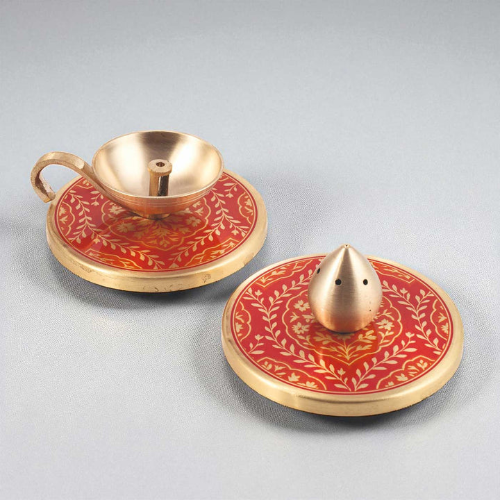 Hand-Painted Sanskaar Brass Gift Hamper | Includes 1 Diya, 1 Incense Holder And 1 Gift Box