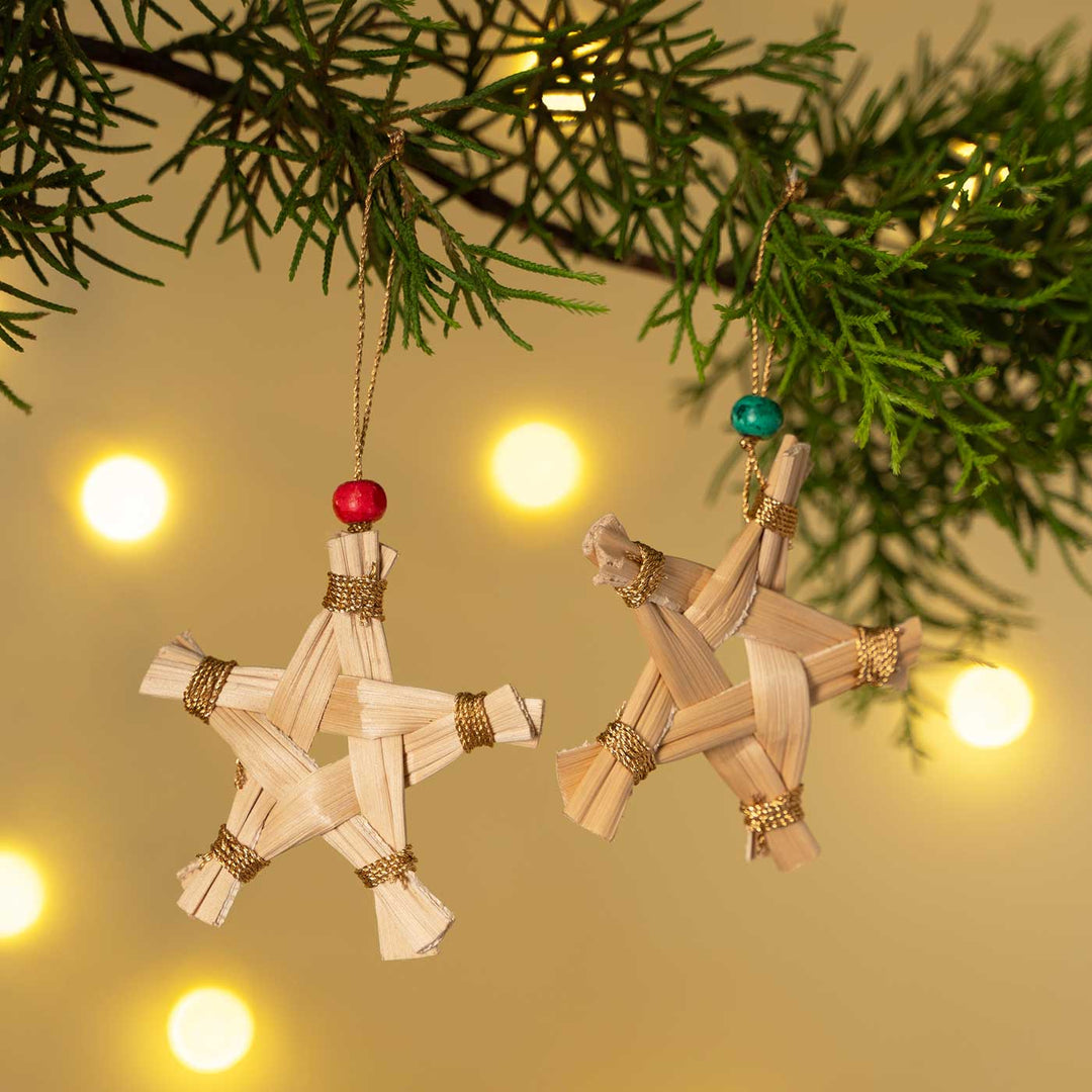 5 Pc | Handmade Banana Bark Star Hanging Christmas Ornaments