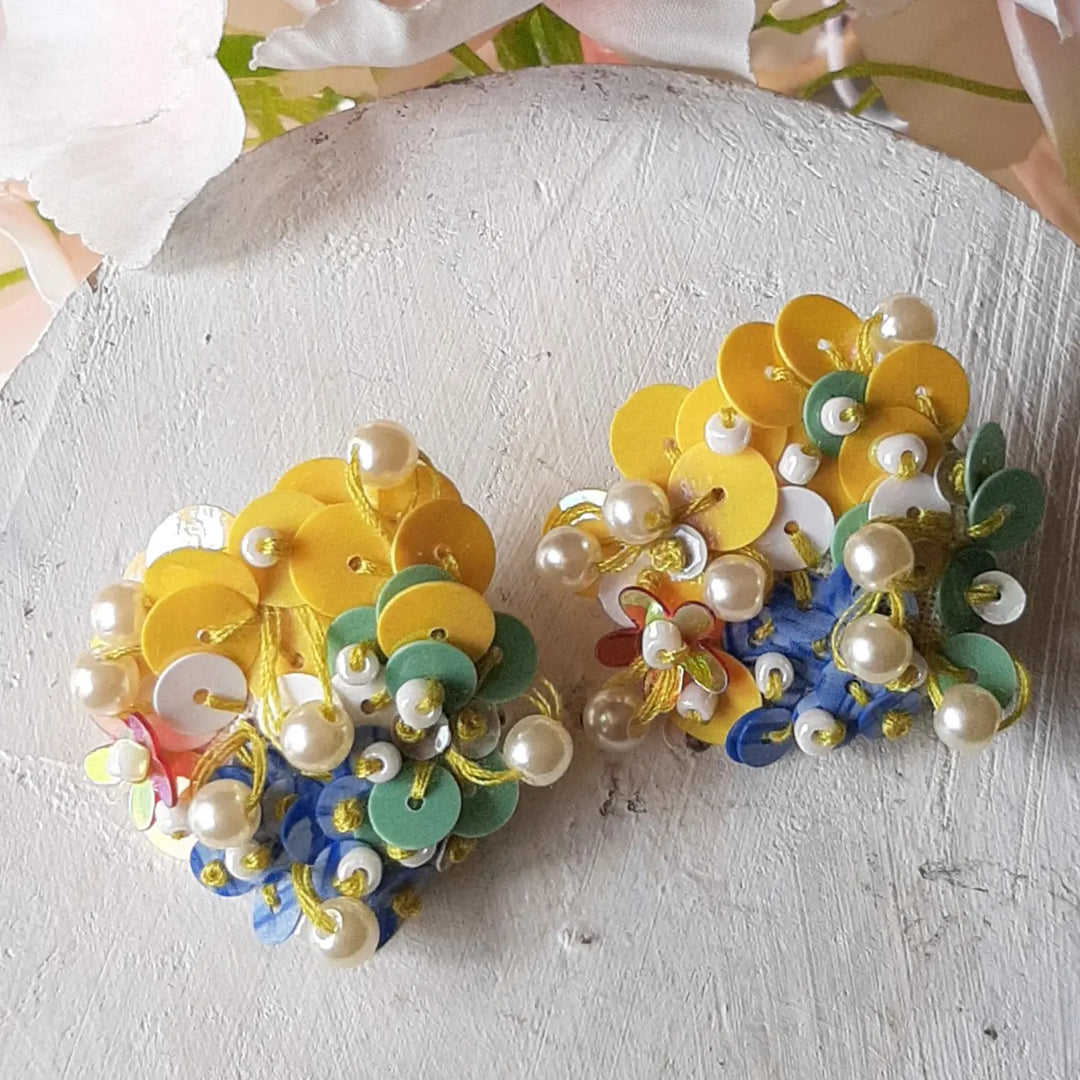 Hand Embroidered Beaded Multicolor Bloom Theme Cotton Earrings