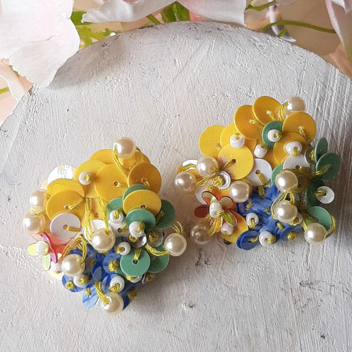 Hand Embroidered Beaded Multicolor Bloom Theme Cotton Earrings