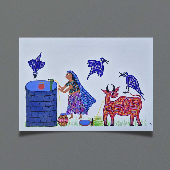 11 x 15 Inch | Morning at the Village Well | Original Hand Painted Bhill Painting | Acrylic Paints On Paper