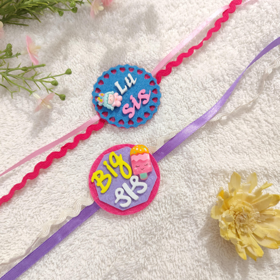 Handmade "Big Sis" & "Lil Sis" Felt Kids Rakhi Combo With Roli Chawal For Sisters | Set Of 2