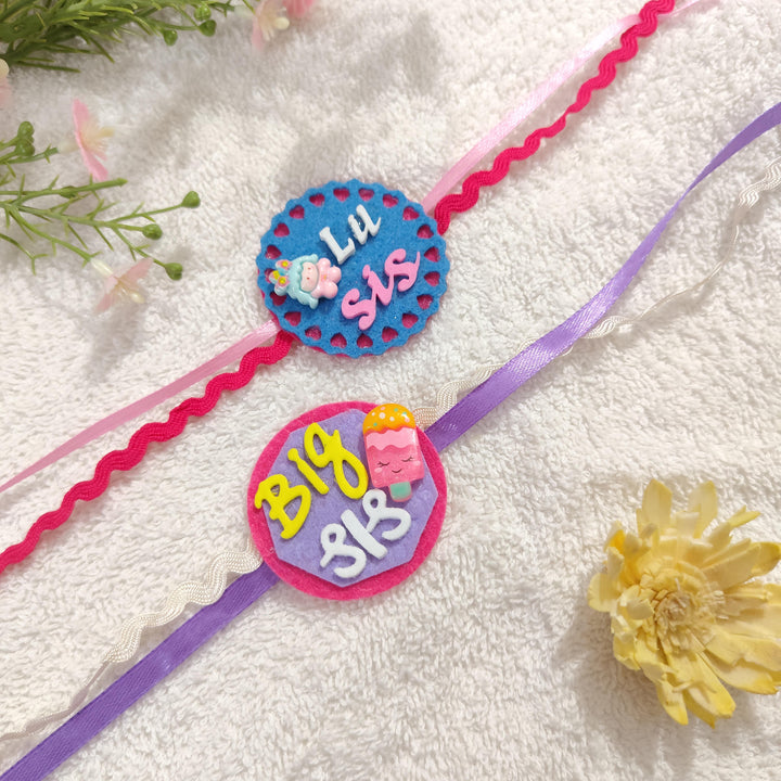 Handmade "Big Sis" & "Lil Sis" Felt Kids Rakhi Combo With Roli Chawal For Sisters | Set Of 2