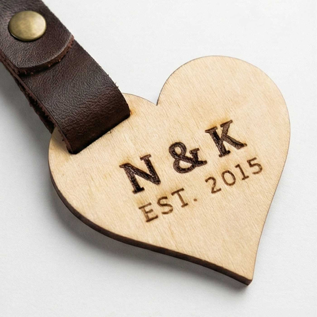 Heart Shaped Personalized Birchwood Keychain For Couple