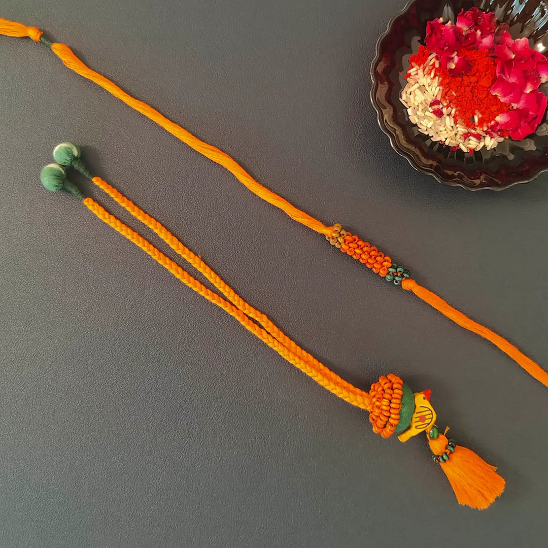 Handmade Beaded Multicolour Bird Bhaiya Bhabhi Rakhi With Roli Chawal | Set Of 2