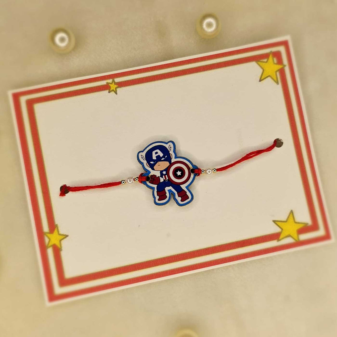 Handmade Avengers Captian America Mdf Wood Kids Rakhi With Roli Chawal - Laydown with Display Card