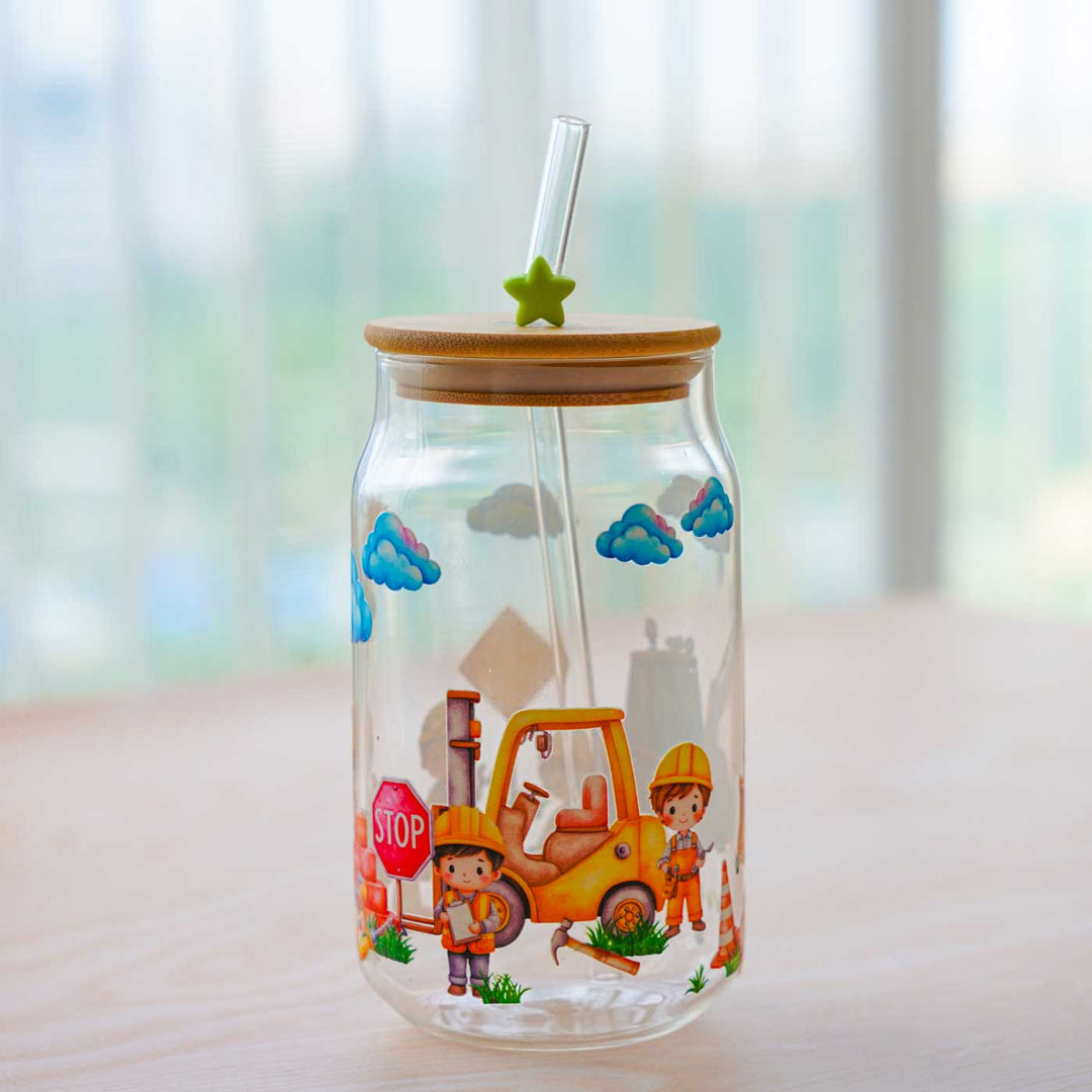 Cute Printed "Bob The Builder" Theme Glass Tumbler With Straw For Kids