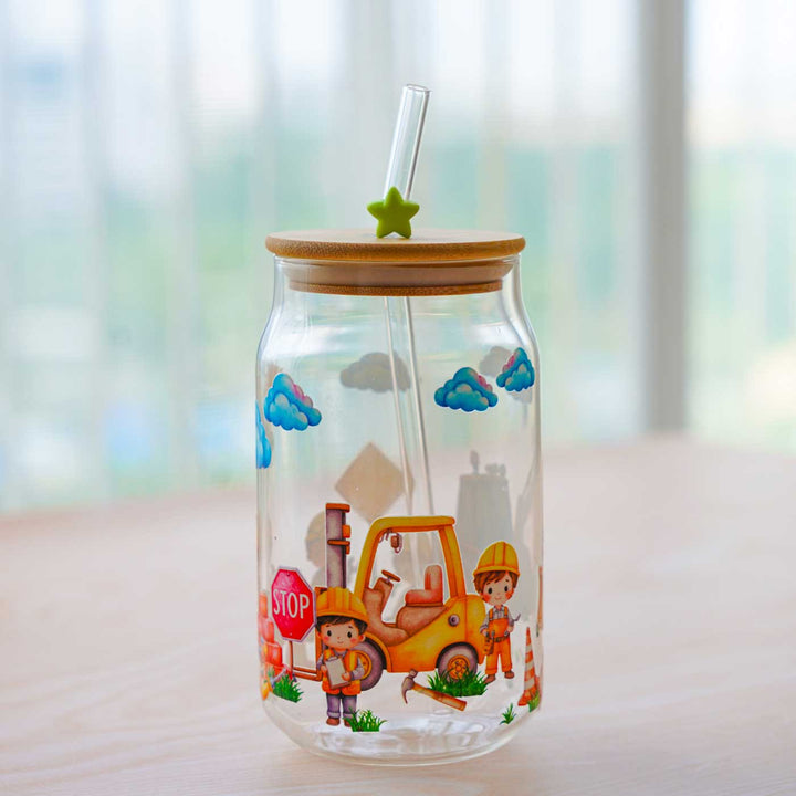 Cute Printed "Bob The Builder" Theme Glass Tumbler With Straw For Kids