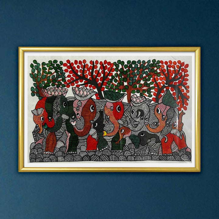 15 x 22 Inch | Animal's Harmony | Original Hand Painted Tribal Gond Art Painting | Acrylic Paints On Paper