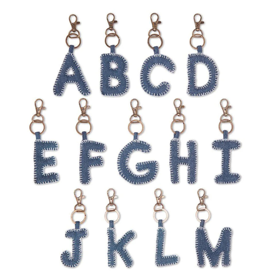 Hand Embroidered Upcycled Jeans Fabric Alphabet Charm Antique Finish Keychain