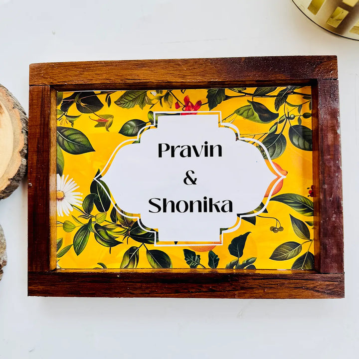 Personalized Yellow Garden Theme Resin Name Plate With Teak Wood Frame