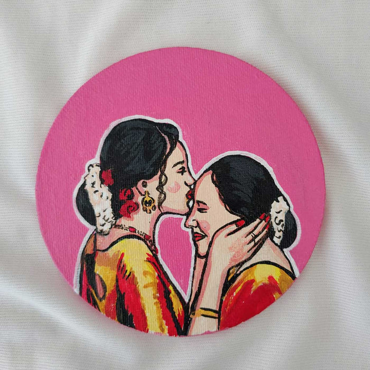 Personalized Photo Based Caricature Round Pink Fridge Magnet