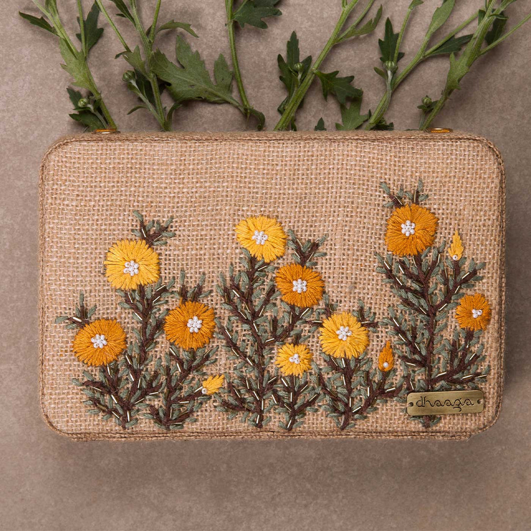 Personalized Embroidered Buttercups Beige Box Clutch