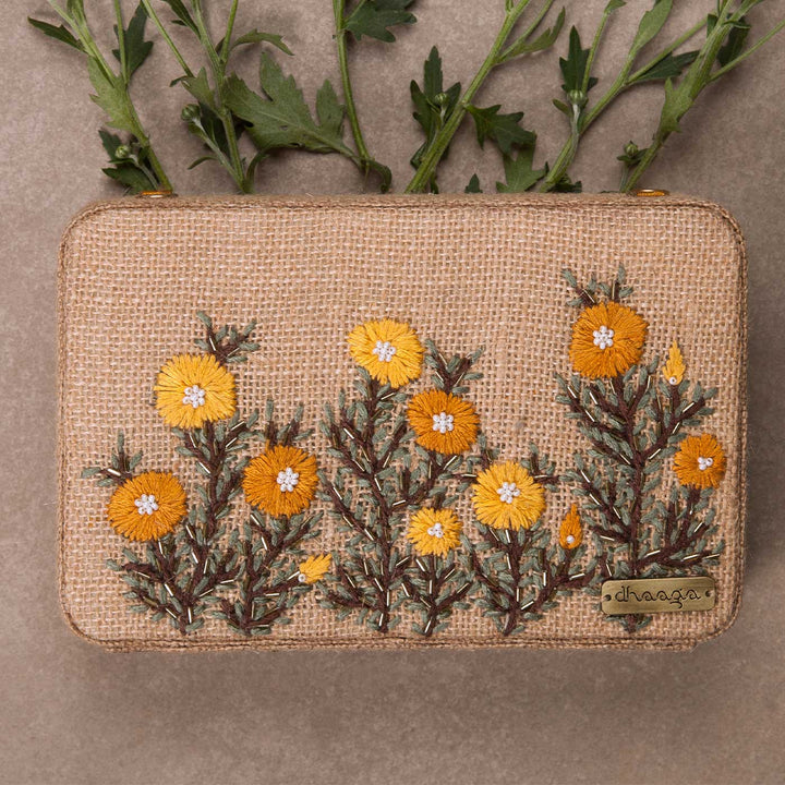Personalized Embroidered Buttercups Beige Box Clutch