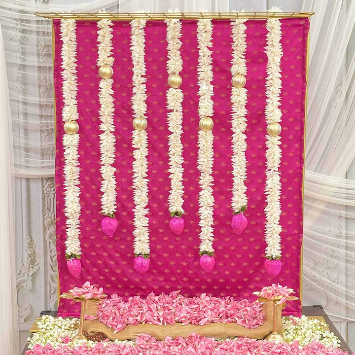 Pink Brocade Pooja Backdrop Decor Kit With Jaali Stand & Lotus Tassels