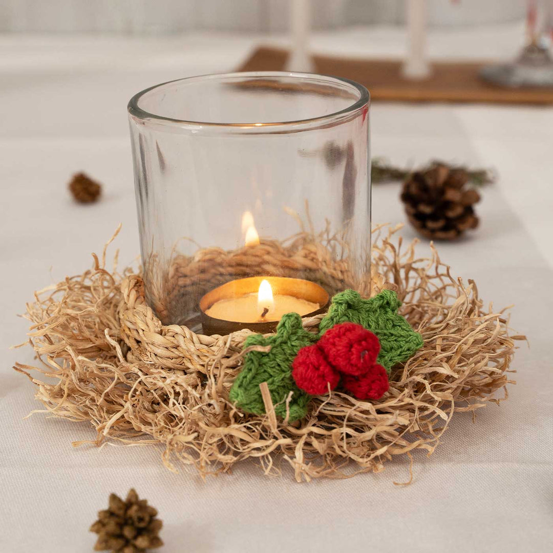 Handmade Bamboo And Crochet Frill Tea Light Holder