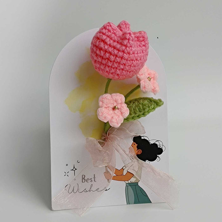 Handmade Crochet 3D Pink Tulip Greeting Card