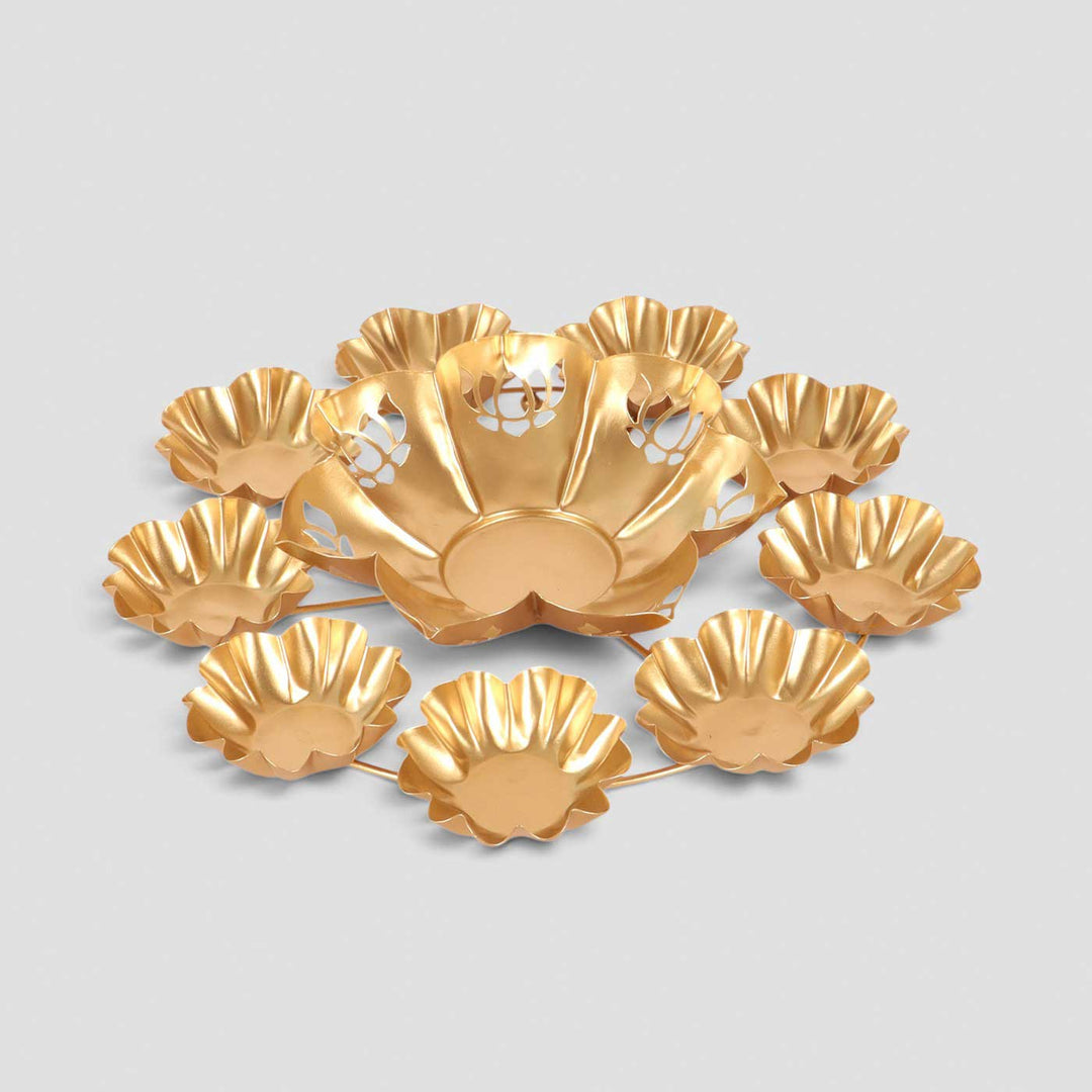 Handmade Etched Kamal Cut Flower Urli With 9 Tealight Holders Around For Festive Decor
