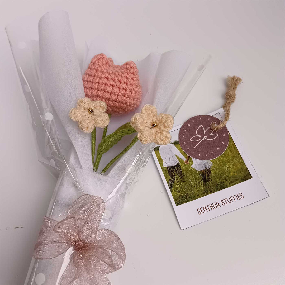 Handmade Crochet Peach Tulip Mini Flower Bouquet | Includes Photo & Greeting Card