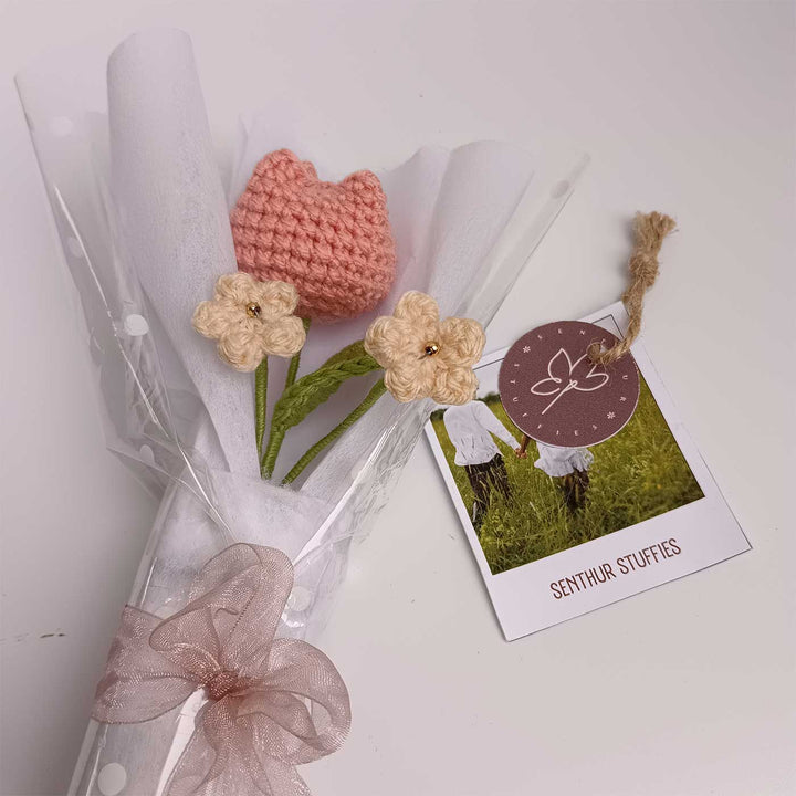 Handmade Crochet Peach Tulip Mini Flower Bouquet | Includes Photo & Greeting Card
