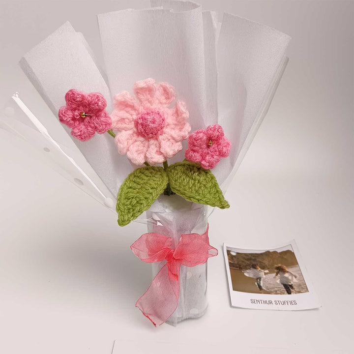 Handmade Crochet Classic Pink Mini Flower Bouquet | Includes Photo & Greeting Card
