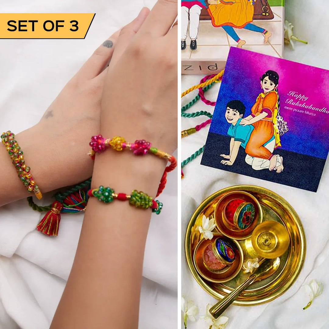 3 pc Rakhi + Brass Thali Set | Premium Khalbali Beaded Rakhi Set with Roli Chawal