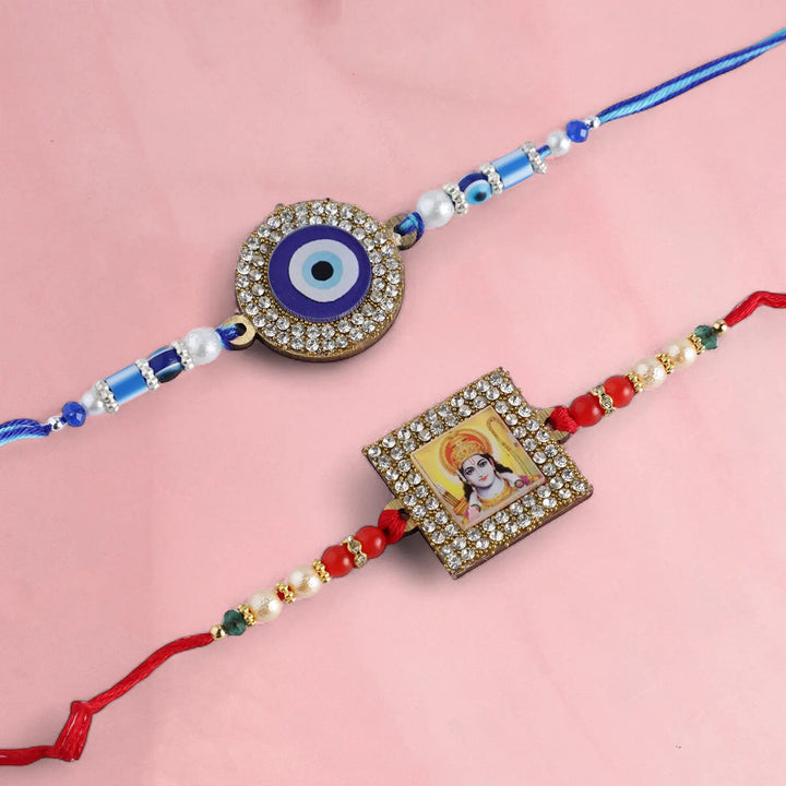 Handmade Shri Ram & Evil Eye Rakhi With Roli Chawal | Set Of 2