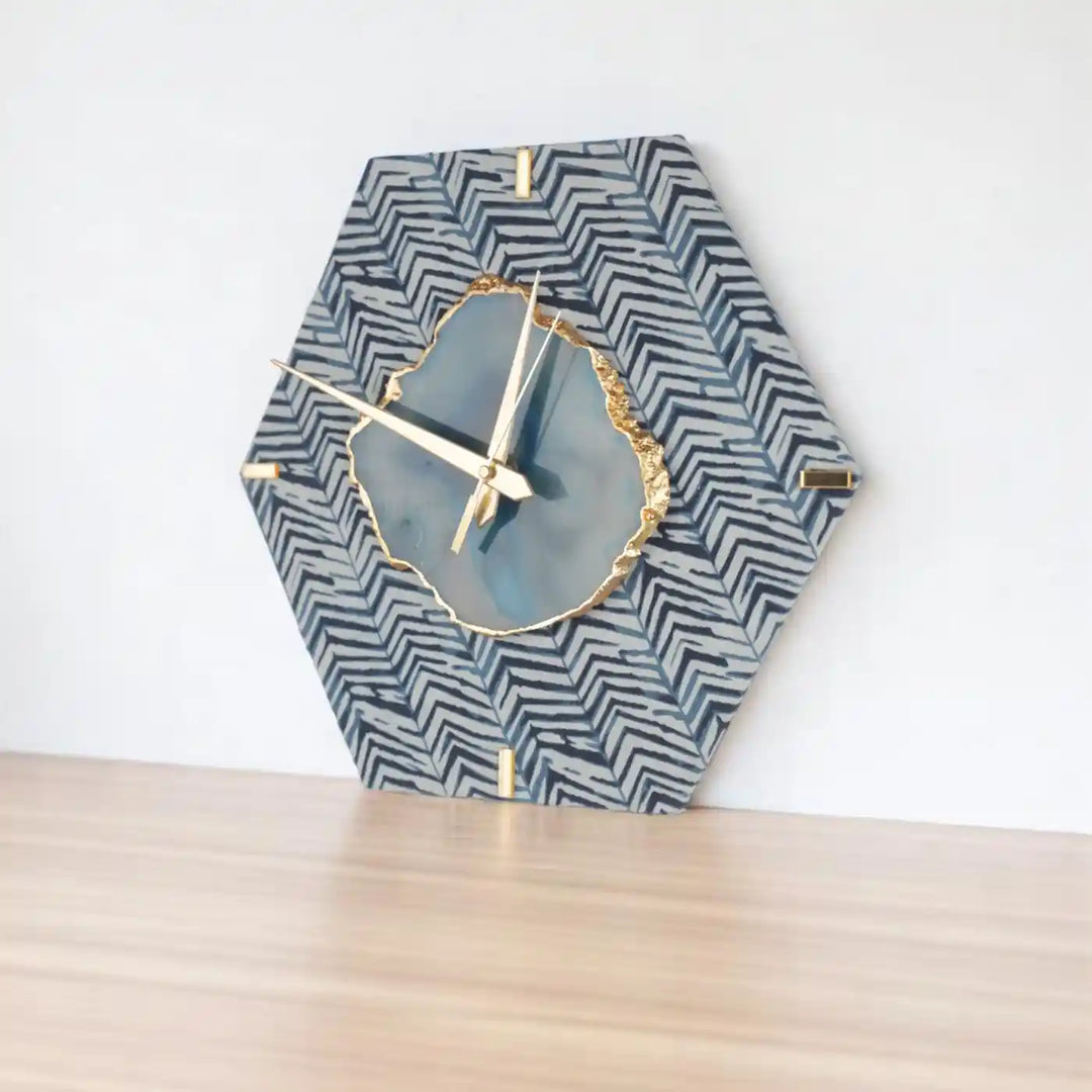 Blue Hexagon Fabric Coated MDF Wall Clock With Agate Accent | 12 inch