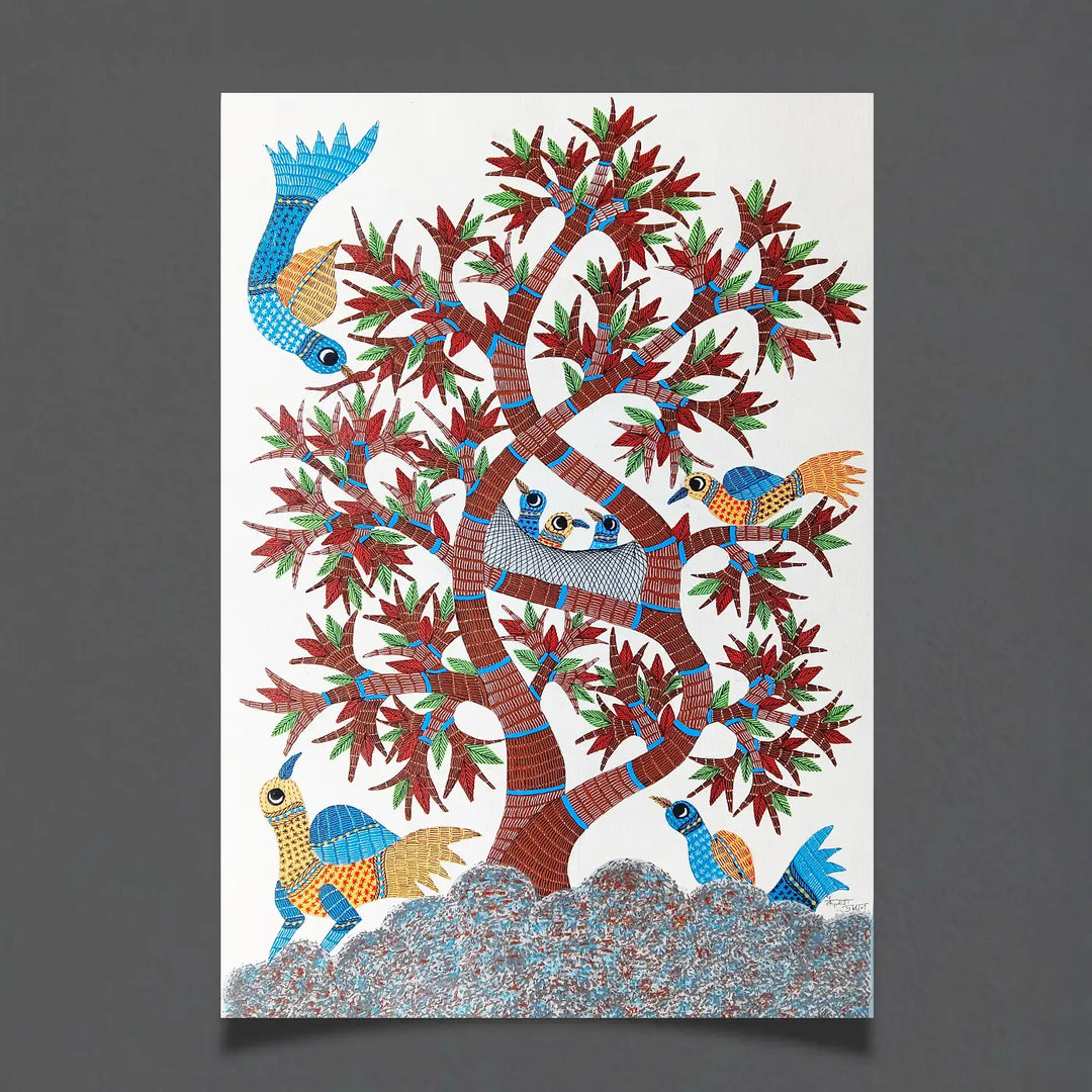 15 x 22 Inch | Tree of Life with Birds | Original Hand Painted Tribal Gond Art Painting | Acrylic Paints On Paper