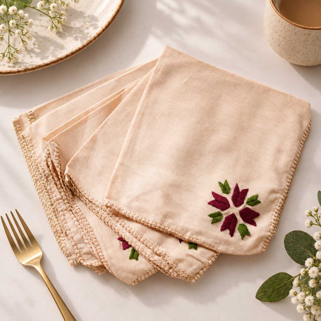 6 Pc | Hand Embroidered Geometric Motif Cotton Napkin For Festive Dining