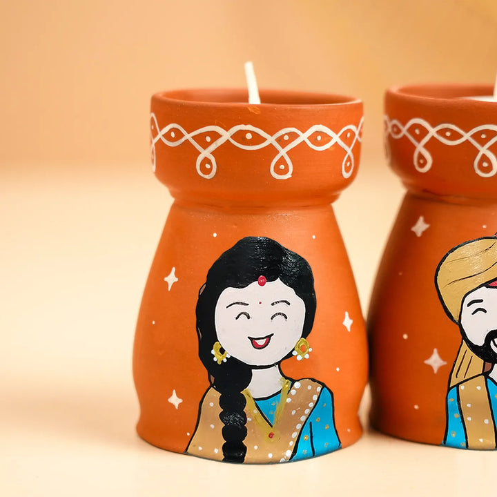 Hand-Painted Punjabi Couple Terracotta Tealight Holder | Set Of 2
