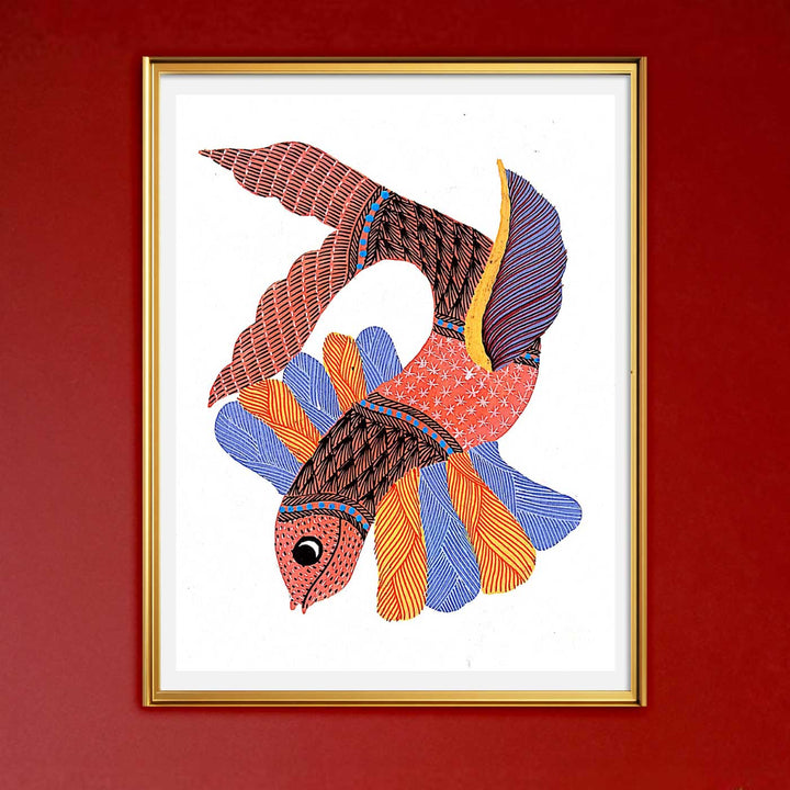 6 x 8 Inch | Colorful Fish | Original Hand painted Tribal Gond Art Painting | Acrylic Paints On Paper