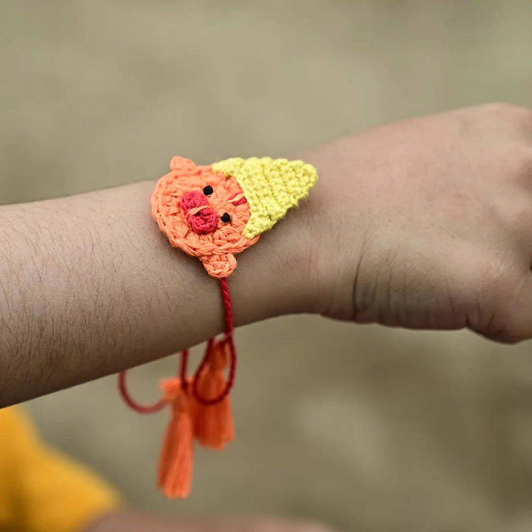 Handmade Crochet Hanuman Theme Kids Rakhi With Roli Chawal