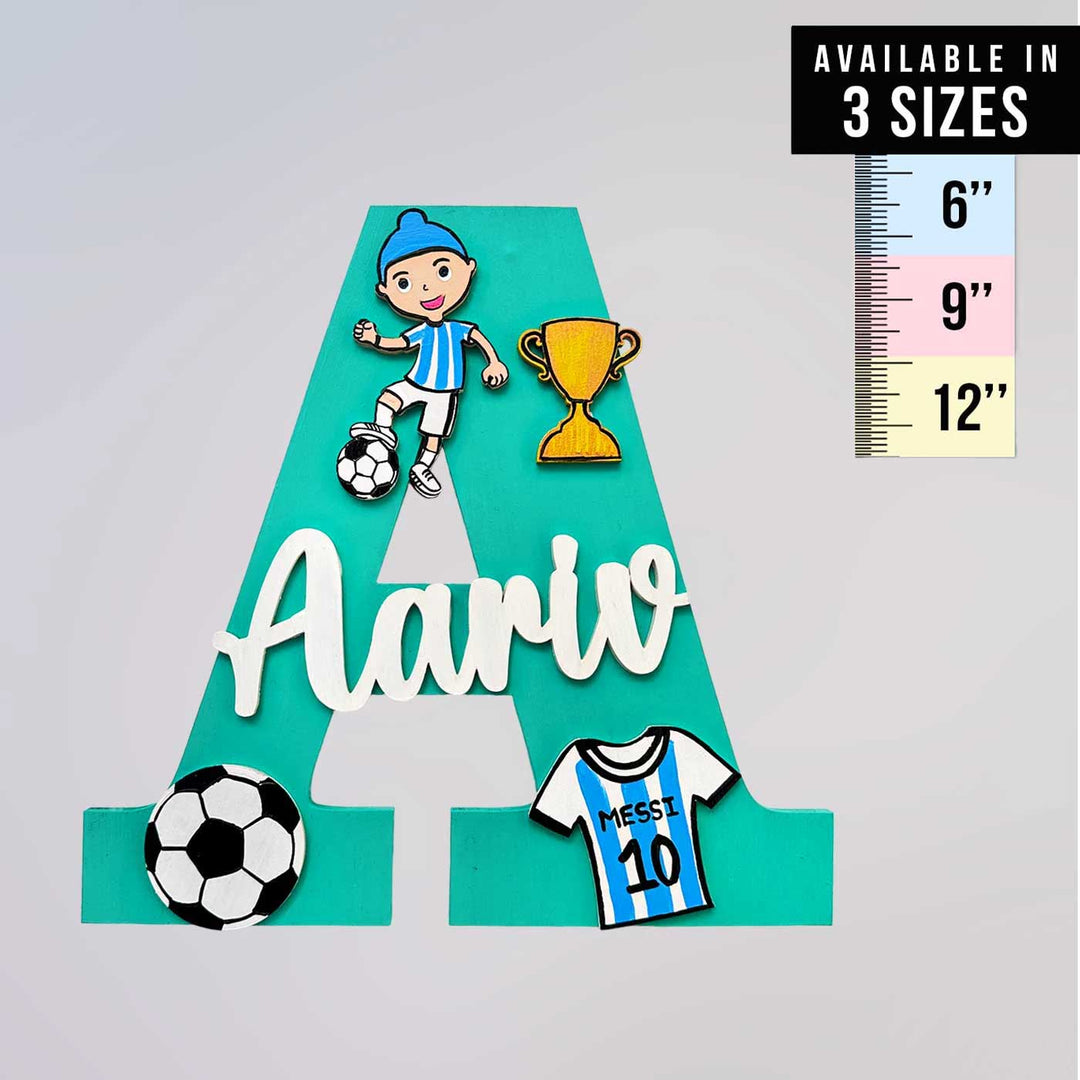 Personalized Hand Painted Messi Football Adventure Mdf Wood Monogram With 3D Letters - Front View with Size Reference