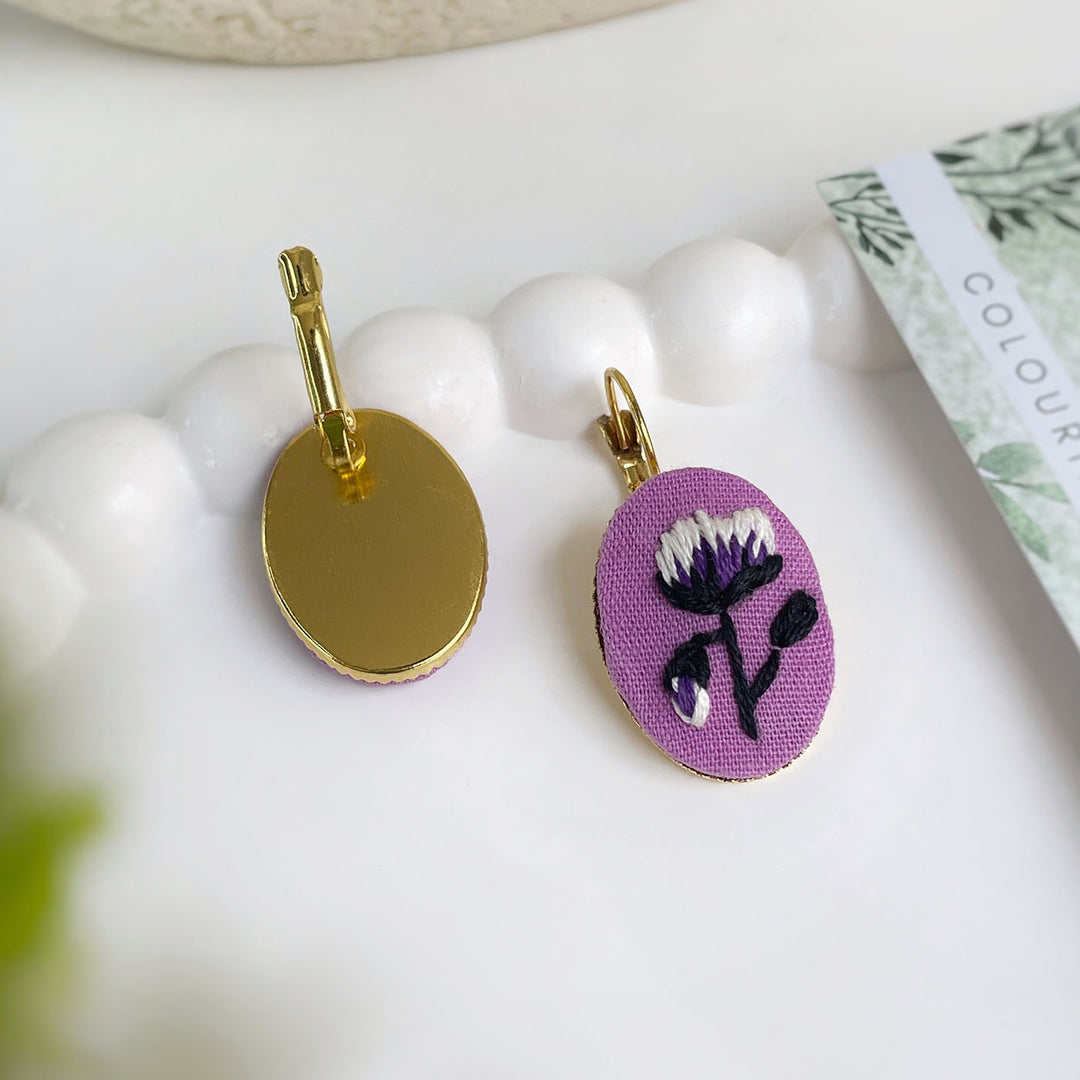 Hand Embroidered Lilac Lustre Golden Tone Earrings