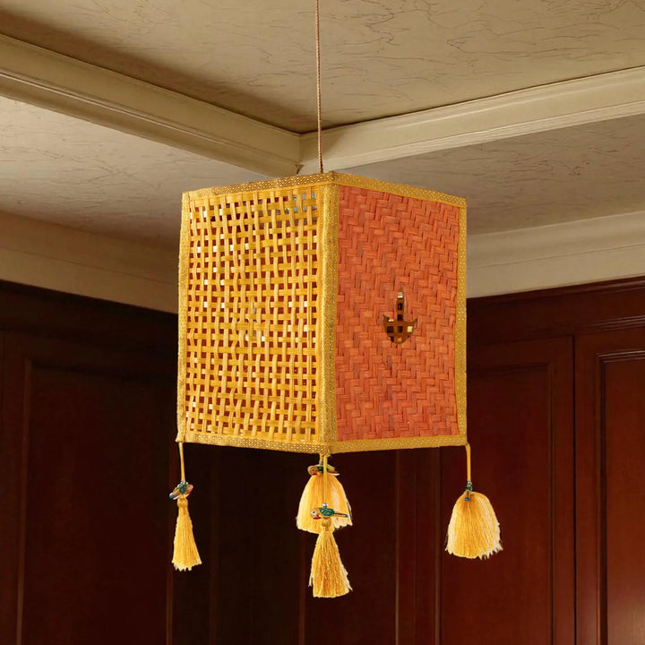 Orange & Yellow Zari Border Handmade Woven Bamboo Square Hanging Lampshade