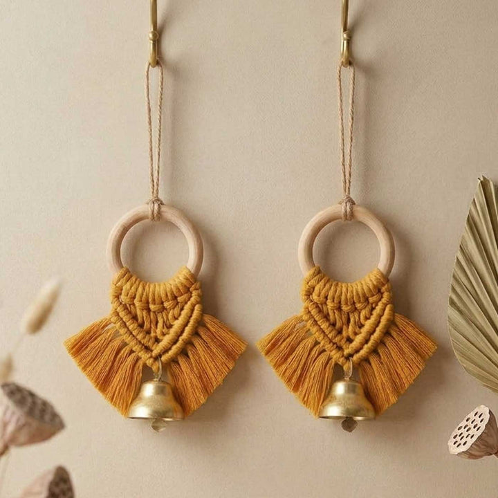 2 Pc | Macrame Handwoven Metal Bell Hanging With Wooden Ring & Beads