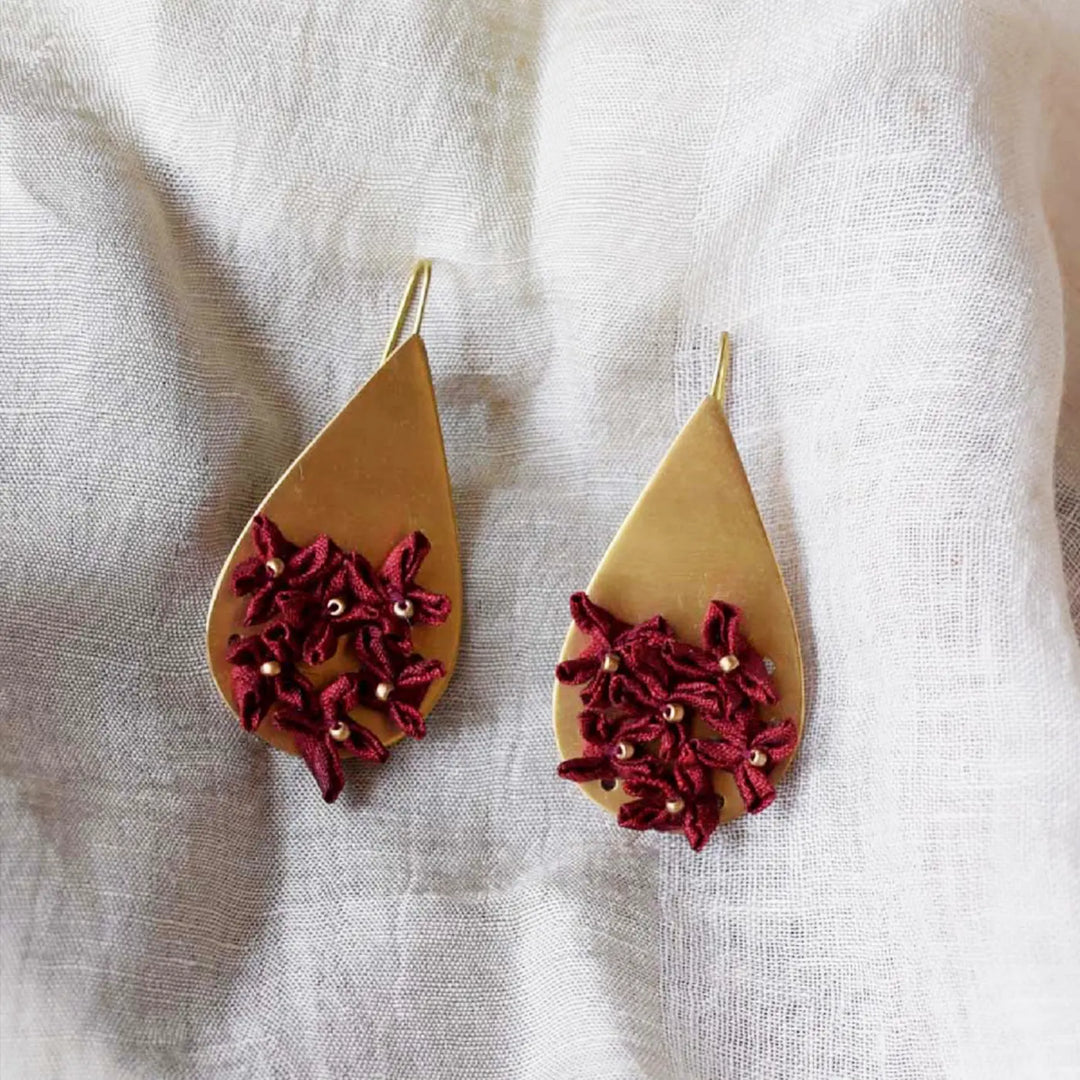 Handmade Textile Art Floral Drop Shaped Dupion Silk Fabric Earrings