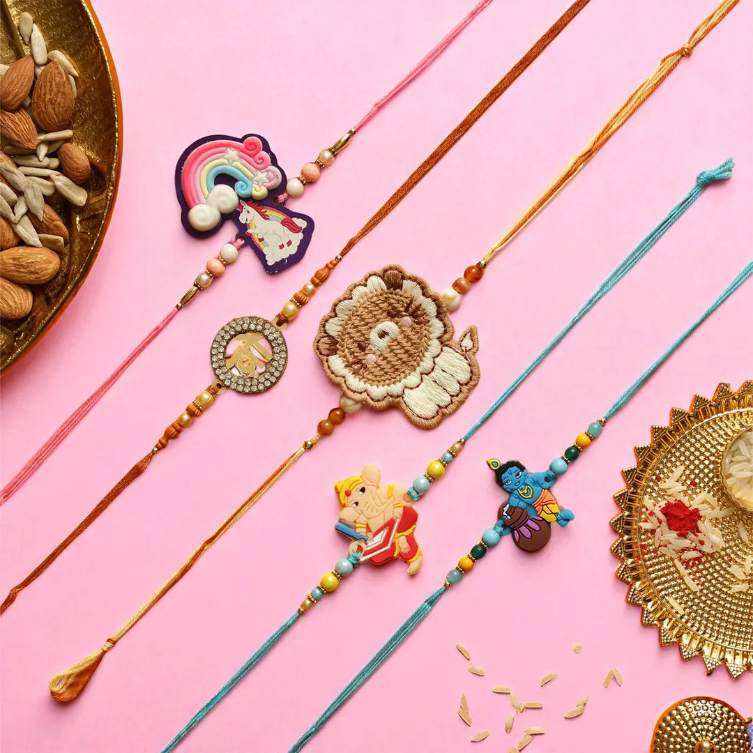 Handmade Unicorn, Bro, Lion, Ganesh & Krishna Rakhi With Roli Chawal | Set Of 5