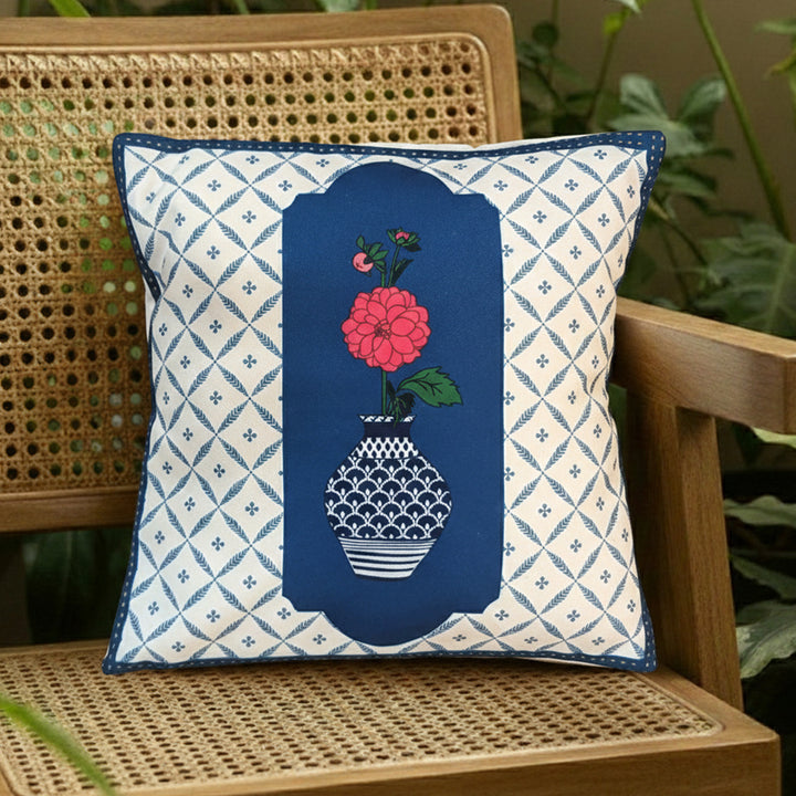16 Inch | Printed Dahilya Blue Pottery Cushion Cover