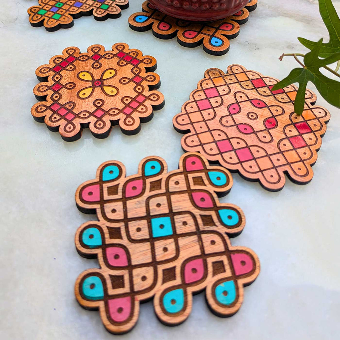 6 pc | Hand-Painted Engraved Mahogany Wood Kolam Coasters For Coffee Table & Dining Decor