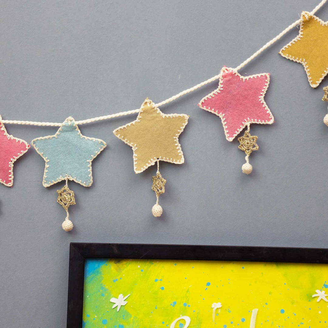 Handmade Crochet Star Themed Felt Bunting - Hanging Garland Displayed on Wall